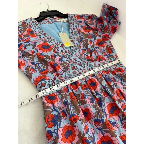 New Boden Size 6R V-Neck Contrast Detail Dress Dusty Blue, Terrace Bud Summer - Picture 6 of 15
